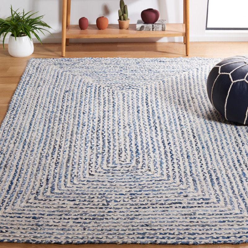 Gracie Oaks Mariaines Handmade Hand Braided Cotton Blue/Ivory Rug